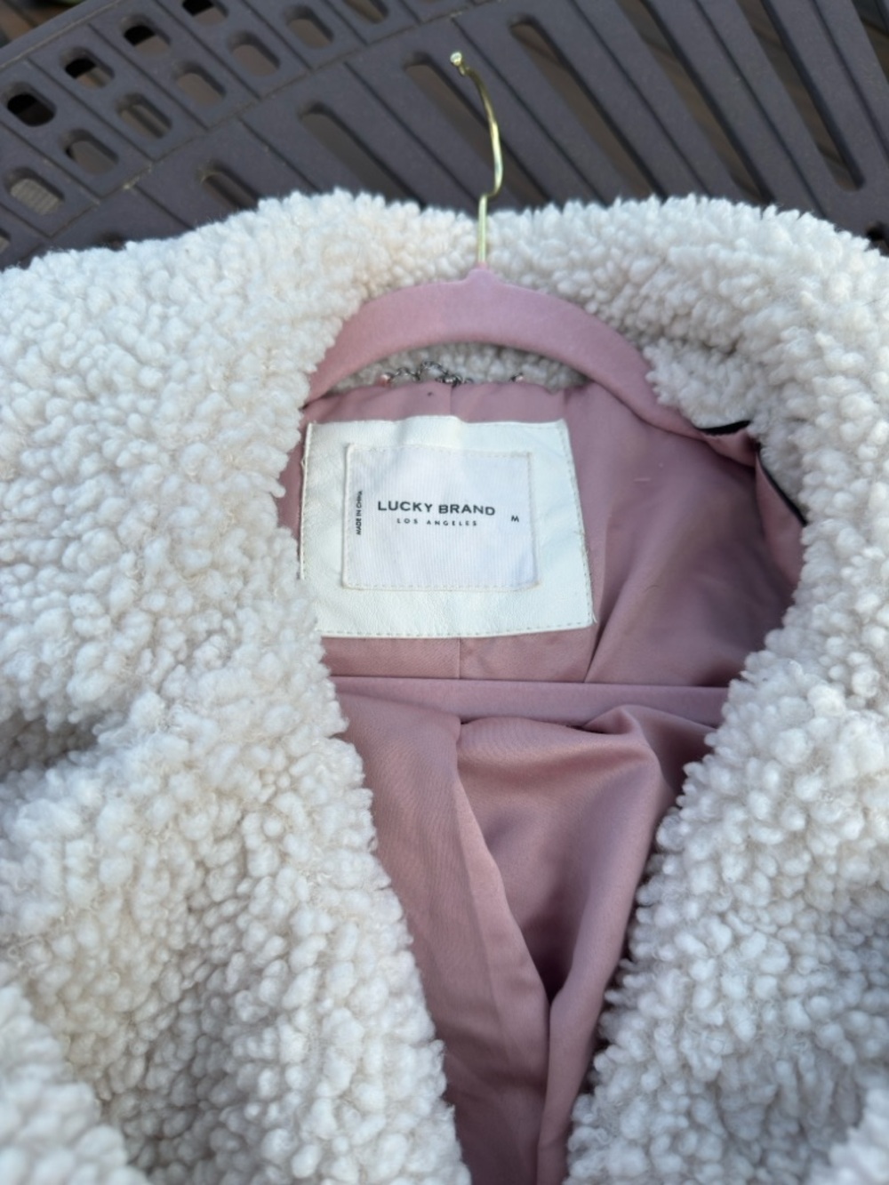 Lucky Brand oatmeal faux shearling snap front coat, sz med - Picture 10 of 13